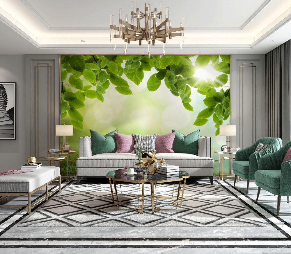 Fototapeta jasne słońce i zielone liście w kroplach