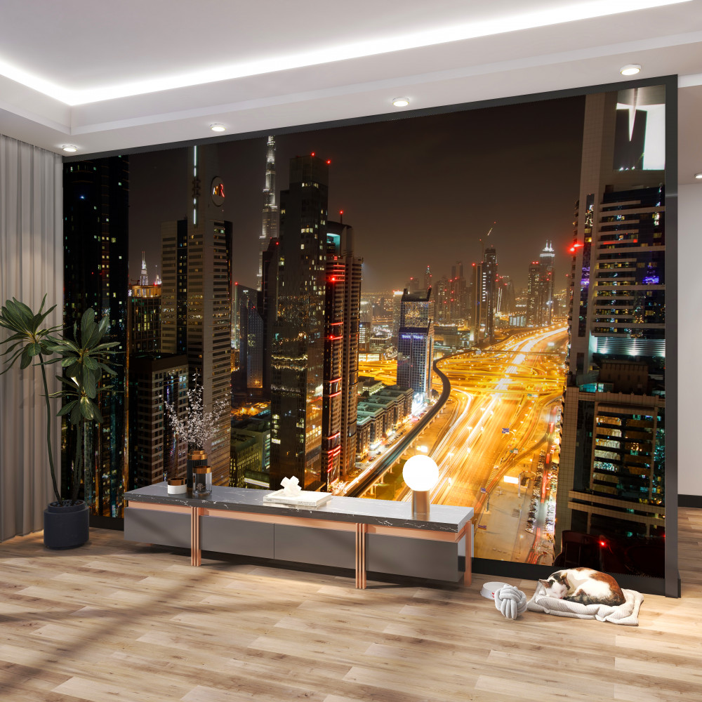 Fototapeta nocny bulwar wśród wysokich budynków mieszkalnych