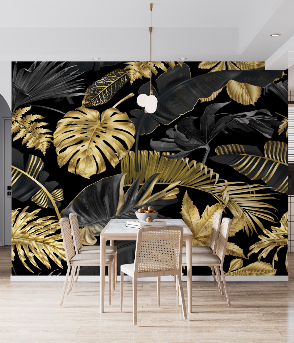 Fototapeta czarne liście i złote liście z tropików