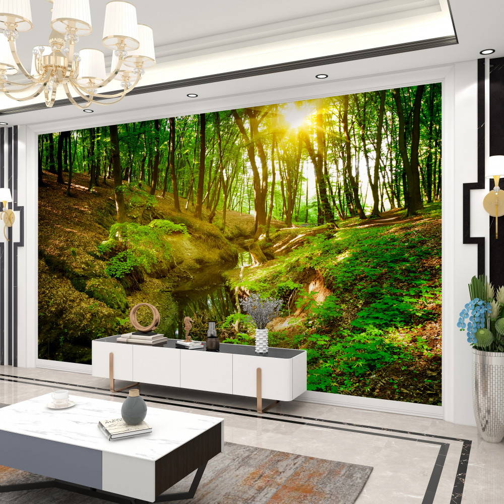 Fototapeta poranne słońce w zielonym lesie liściastym