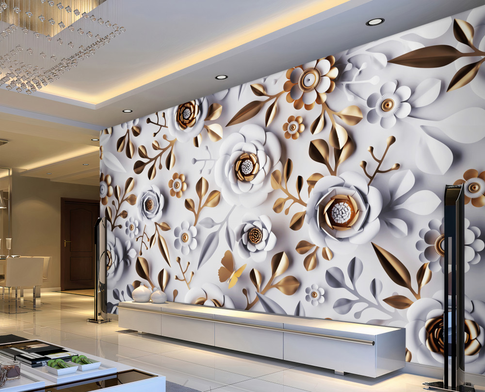 Fototapeta białe kwiaty i złote liście