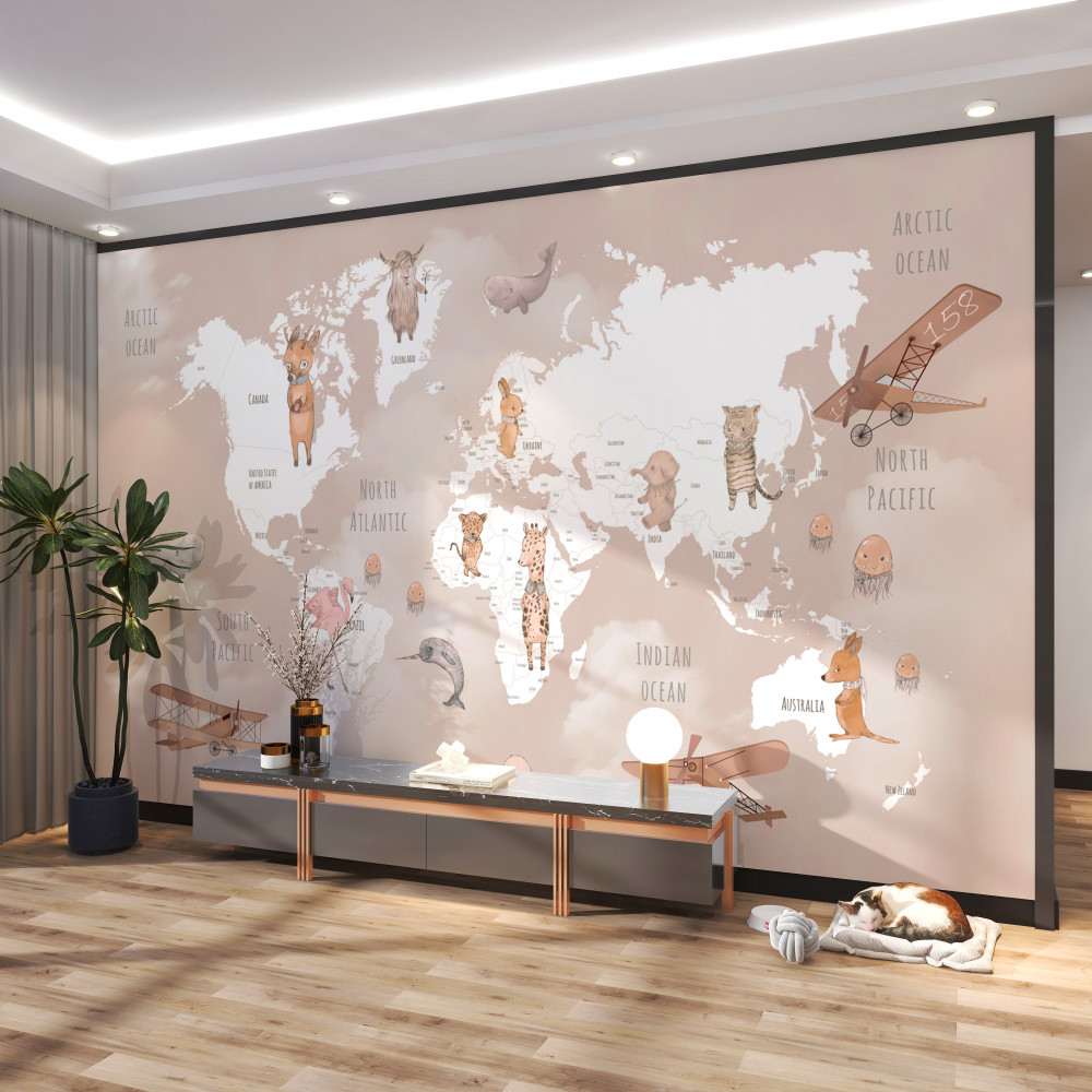 Fototapeta mapa świata ze zwierzętami i samolotami