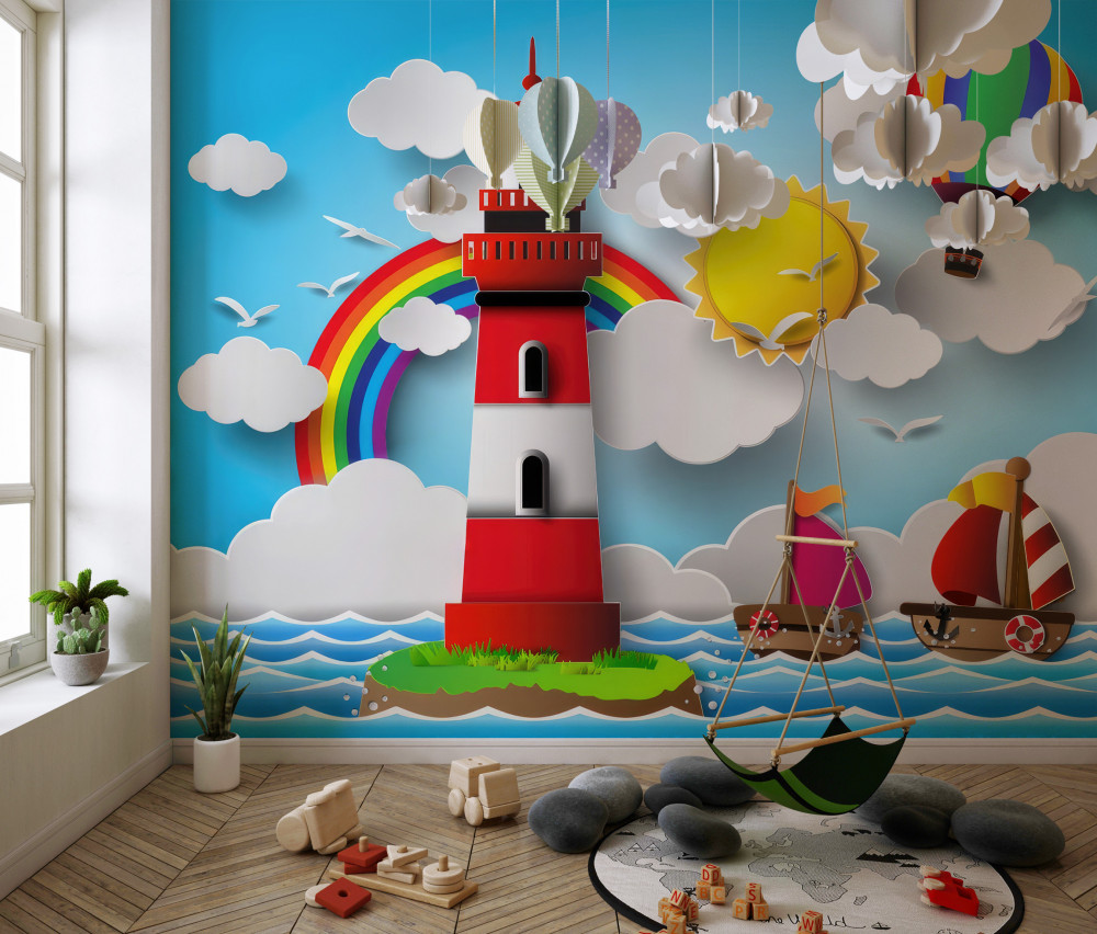 Fototapeta jachty pływają przy jasnej latarni morskiej