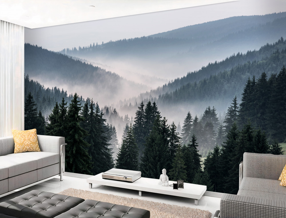 Fototapeta gęsta mgła pokrywa górski las iglasty