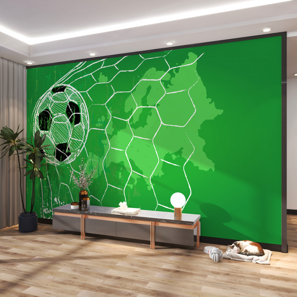 Fototapeta sylwetka piłki nożnej i siatki na zielonym tle