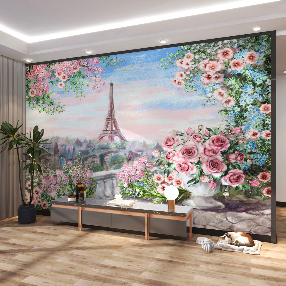 Fototapeta różowe kwiaty w ogrodzie przed Wieżą Eiffla