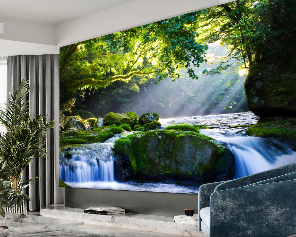 Fototapeta promienie słońca docierają do leśnego wodospadu