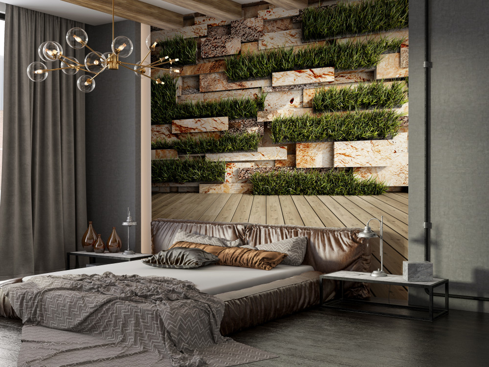 Fototapeta kamienny mur z zielonymi roślinami