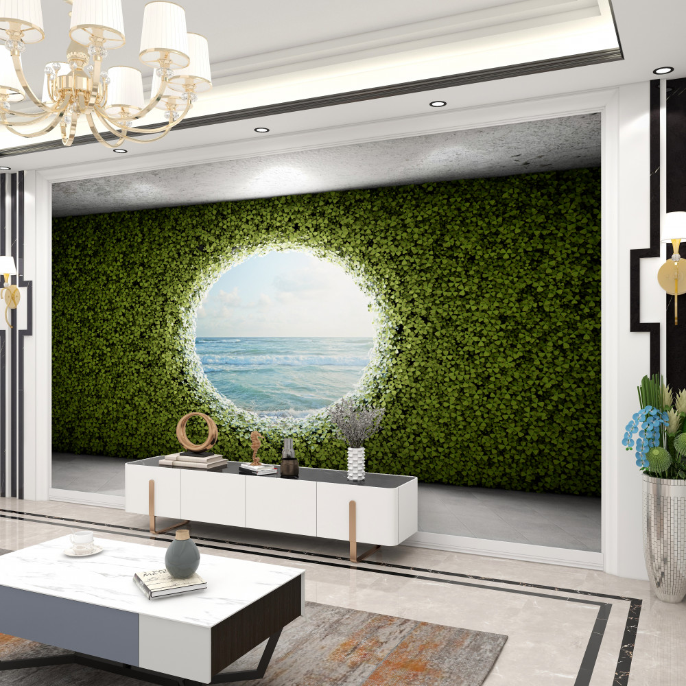 Fototapeta zielona ściana roślin z okrągłym oknem