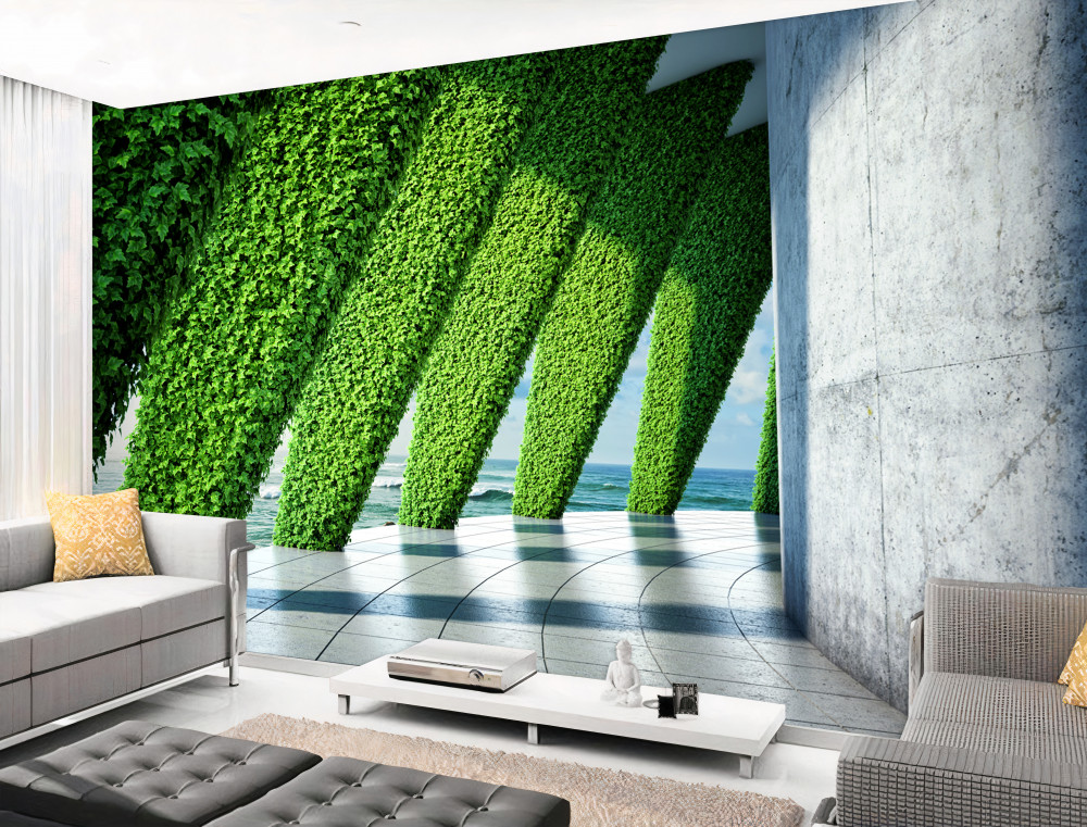 Fototapeta zielone przestrzenie na kolumnach w korytarzu