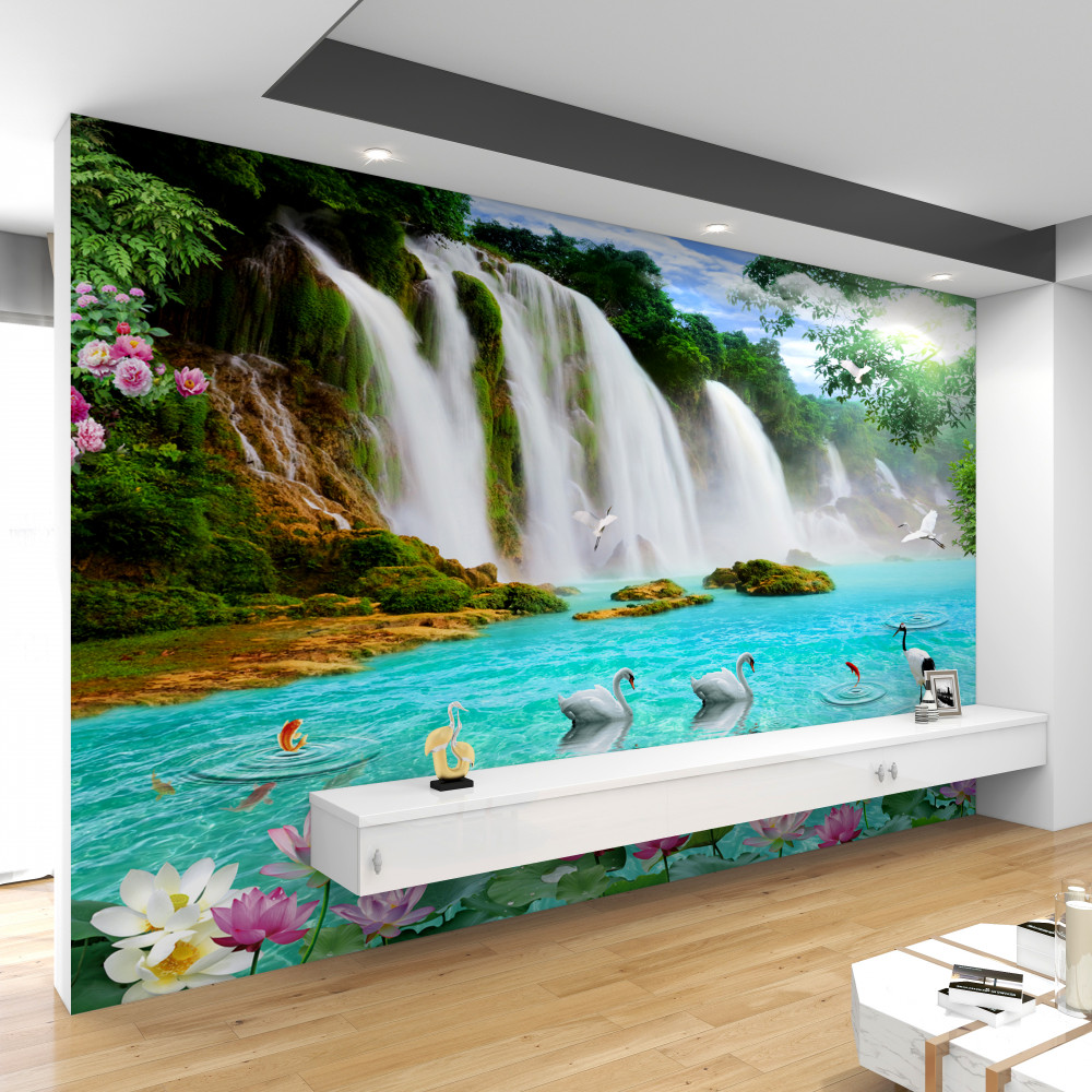 Fototapeta krystalicznie błękitna woda z kaskadowymi łabędziami