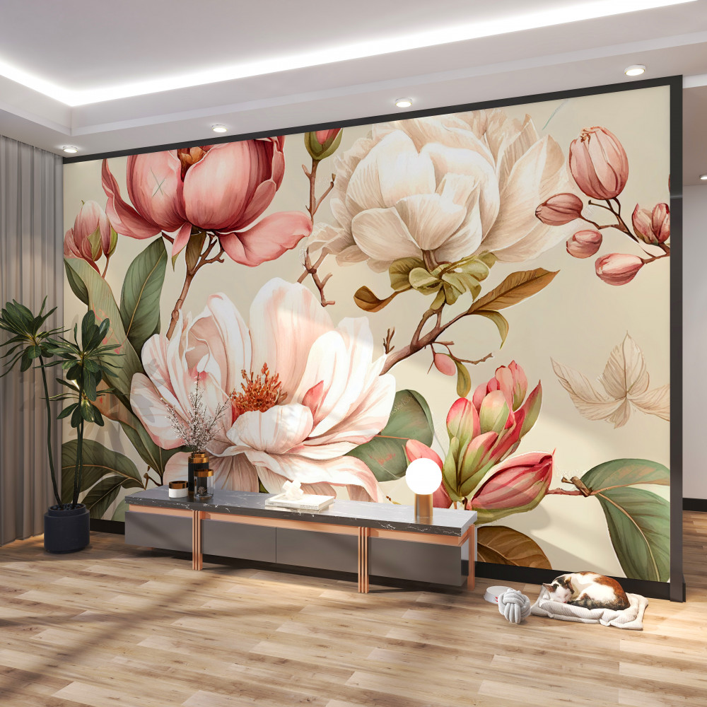 Fototapeta białe i czerwone kwiaty magnolii na gałęziach