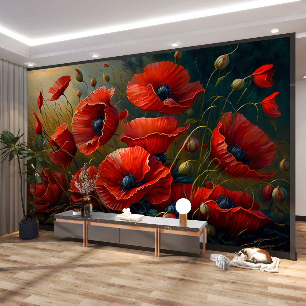 Fototapeta pole czerwonych maków podczas burzy