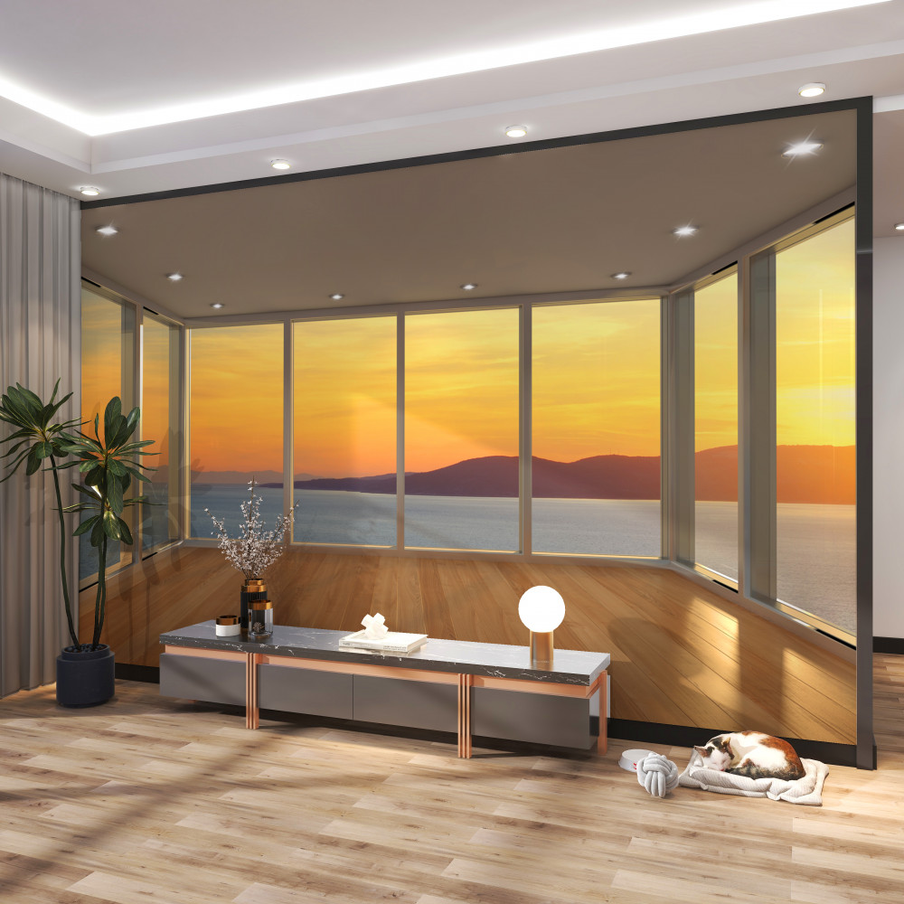 Fototapeta szalony widok na zachód słońca i morze z panoramicznych okien