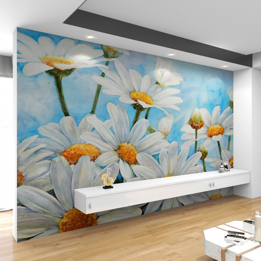 Fototapeta pole białych letnich stokrotek na niebie