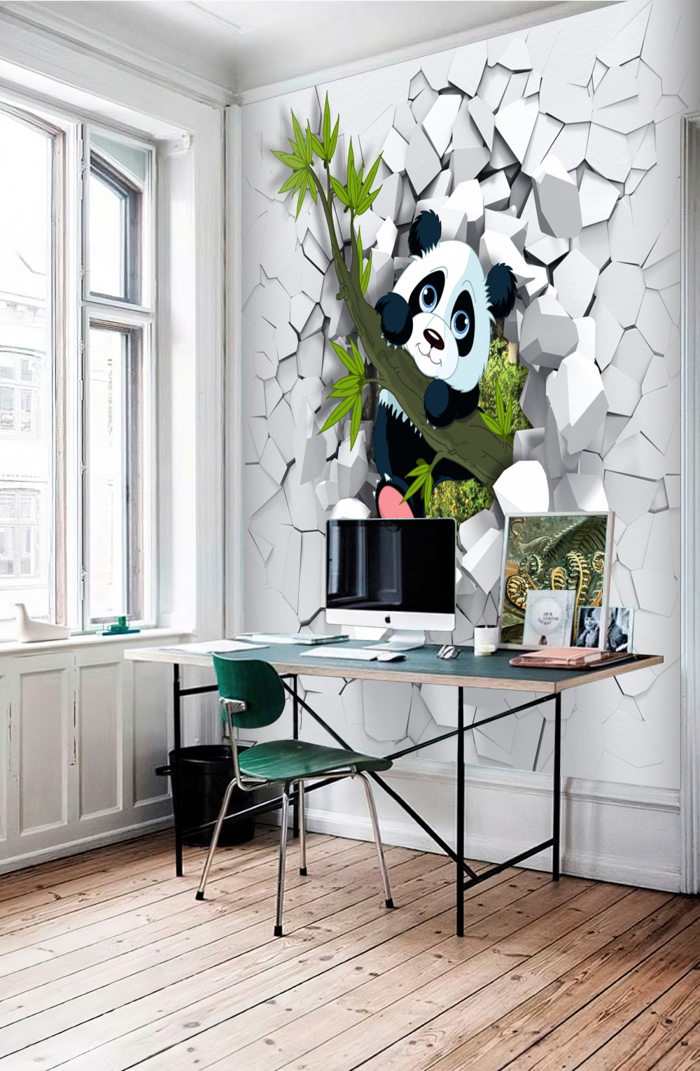 Fototapeta panda wygląda z połamanego ceglanego muru