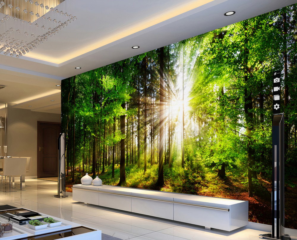 Fototapeta jasne słońce w zielonym lesie liściastym