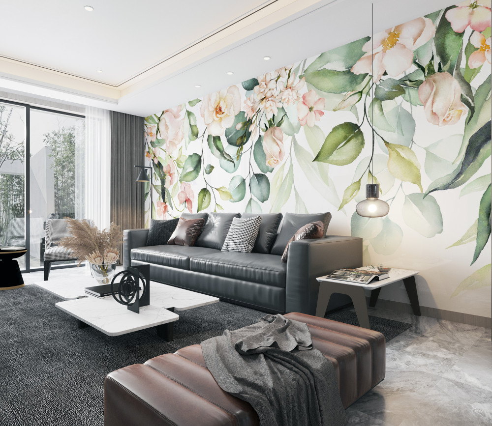 Fototapeta tropikalne kwiaty z zielonymi liśćmi