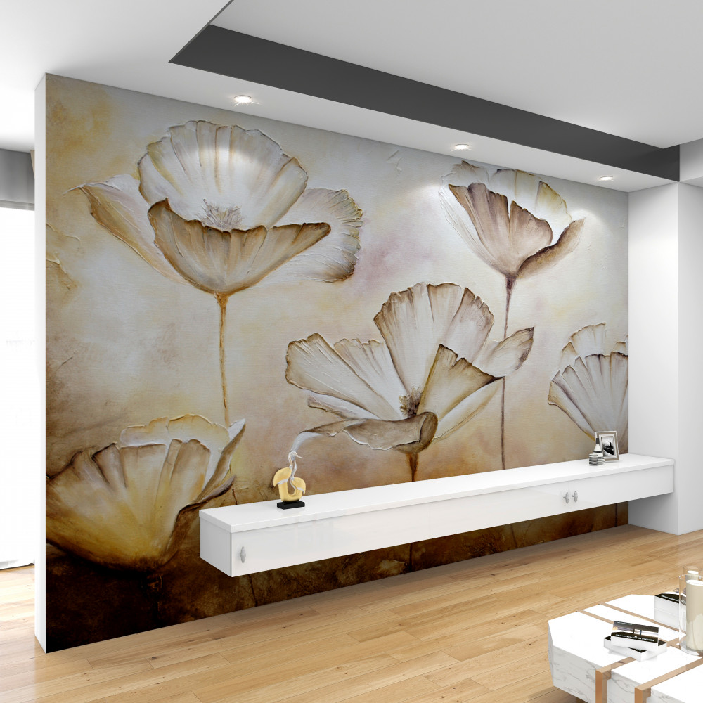 Fototapeta delikatne białe maki na brązowym tle