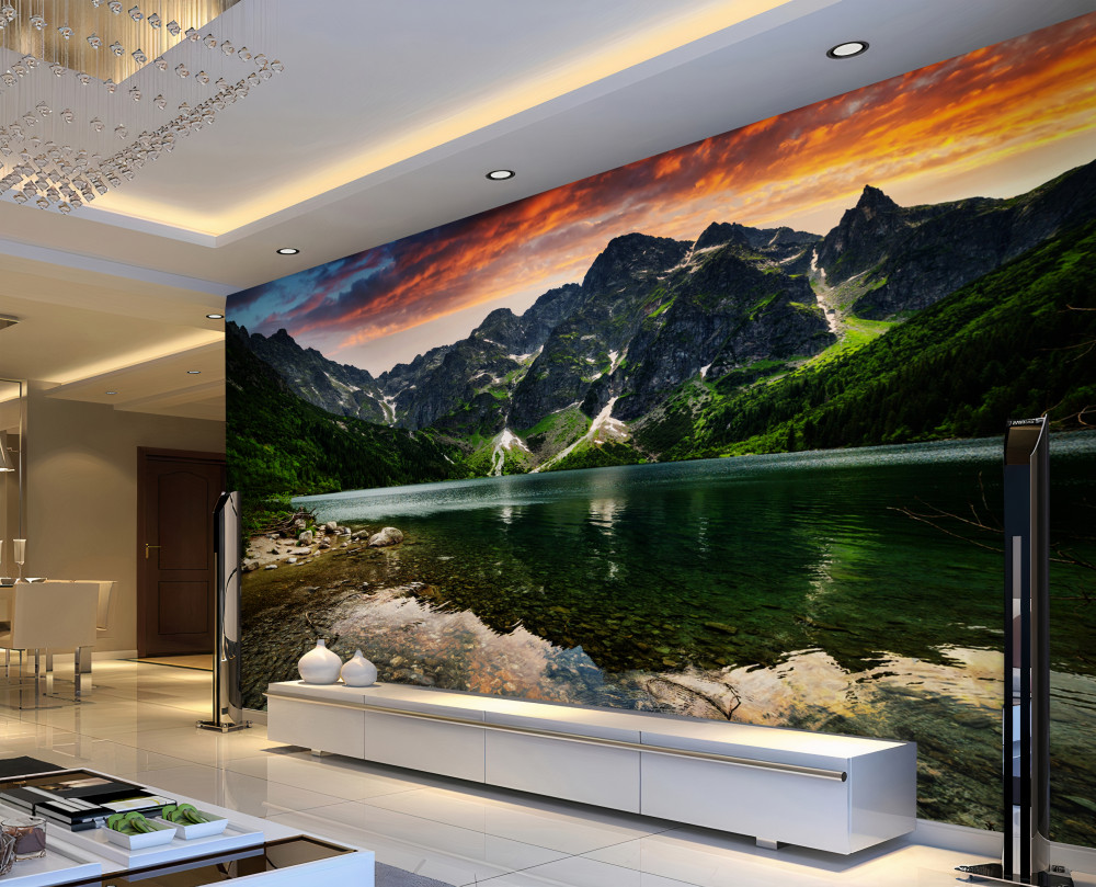 Fototapeta ciepły, cichy zachód słońca i górskie jezioro