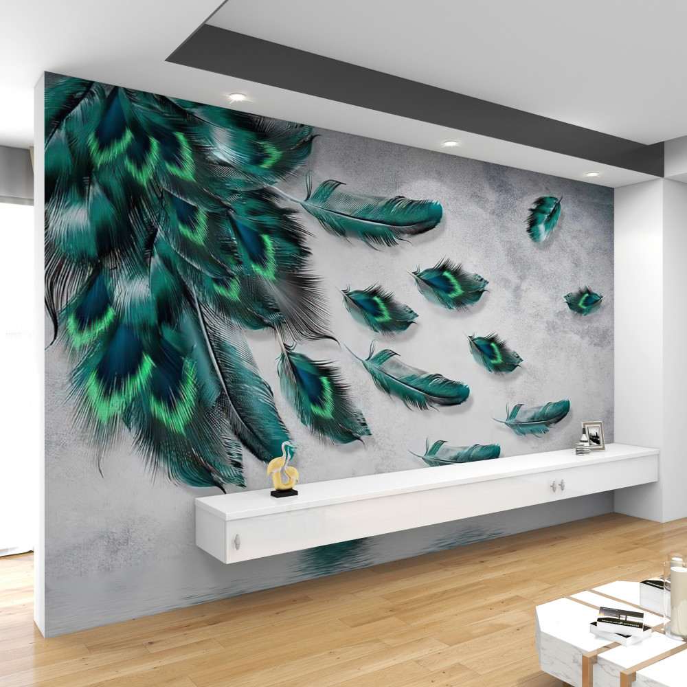 Fototapeta szmaragdowe pawie pióra spadają na wodę