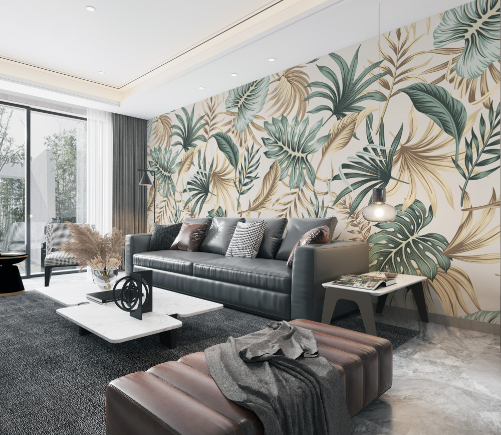 Fototapeta zielone i złote liście dżungli