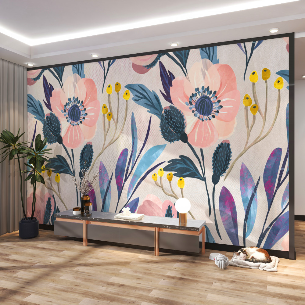 Fototapeta różowe maki w liściach