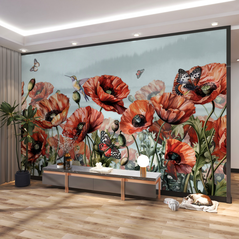 Fototapeta pole czerwonych maków i latających motyli