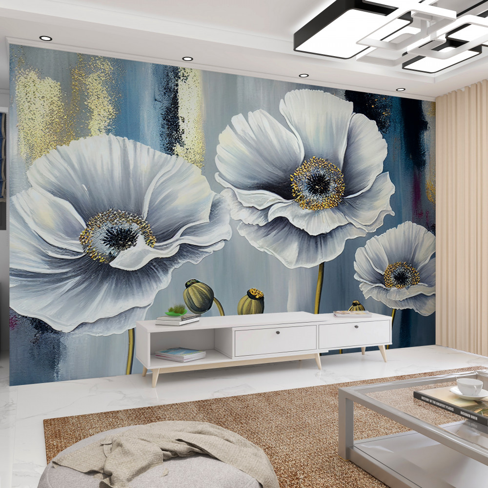 Fototapeta smukłe, białe główki kwitnących maków