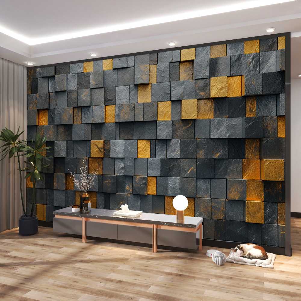 Fototapeta szare i ciemne kwadraty zmieszane ze złotem