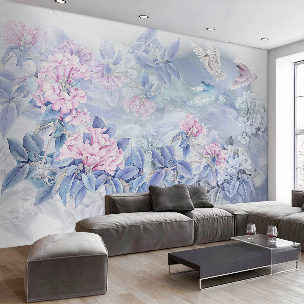 Fototapeta niebieskie gałęzie z kwitnącymi różowymi kwiatami