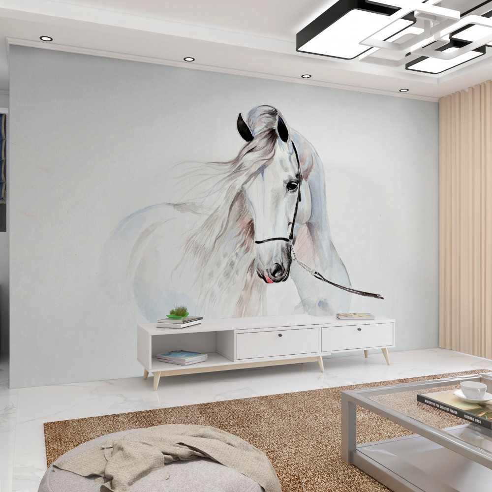 Fototapeta biały koń w uprzęży