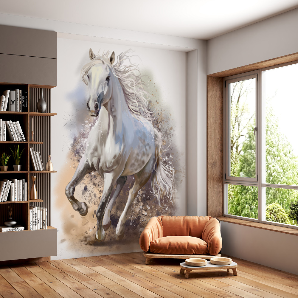 Fototapeta galop silnego białego konia z grzywą