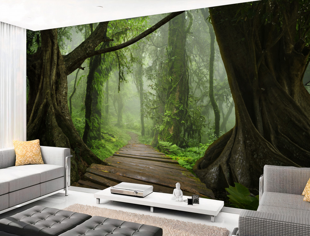 Fototapeta mglista ścieżka wśród potężnego lasu