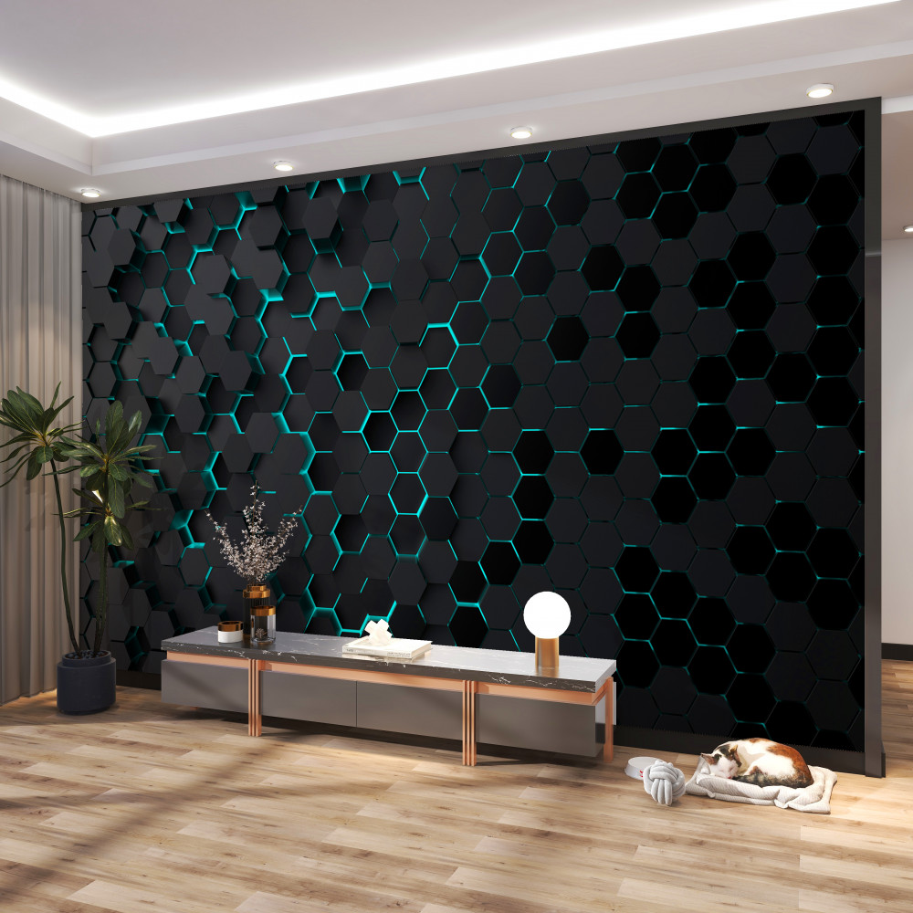 Fototapeta czarny plaster miodu z neonowym oświetleniem