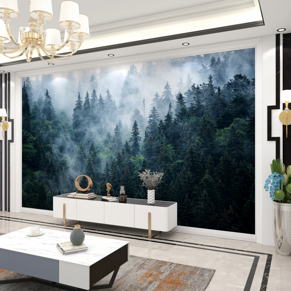 Fototapeta mgła osiada w lesie iglastym