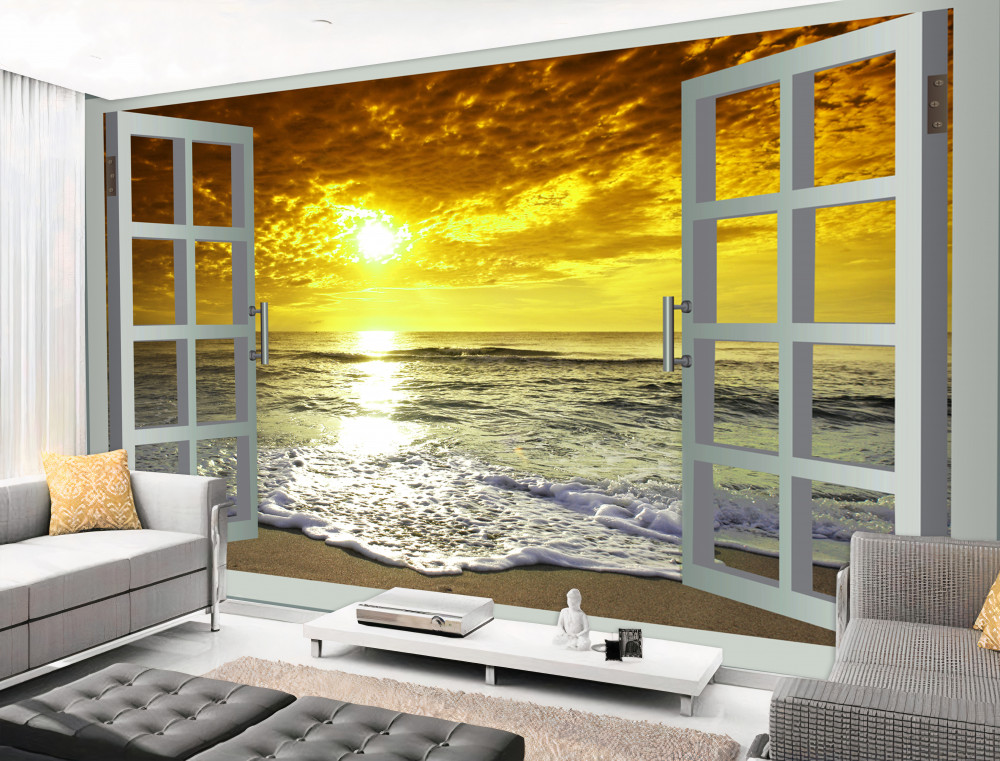 Fototapeta wspaniały zachód słońca nad morzem z okna