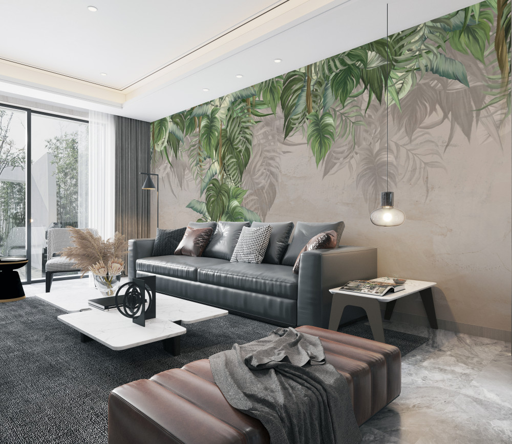 Fototapeta liście dużej monstery rozciągają się w stronę wody