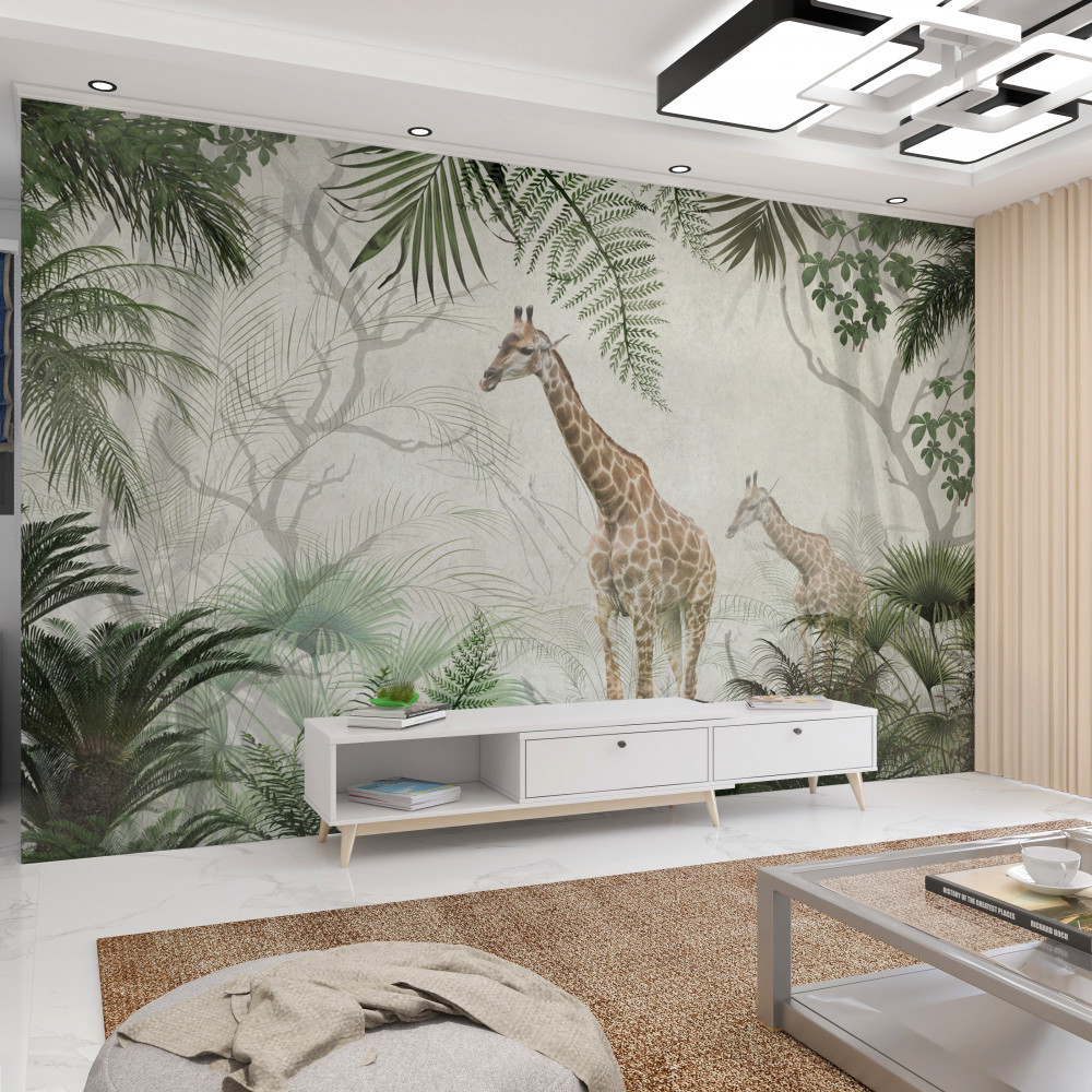 Fototapeta rodzina żyraf spacerujących po lesie