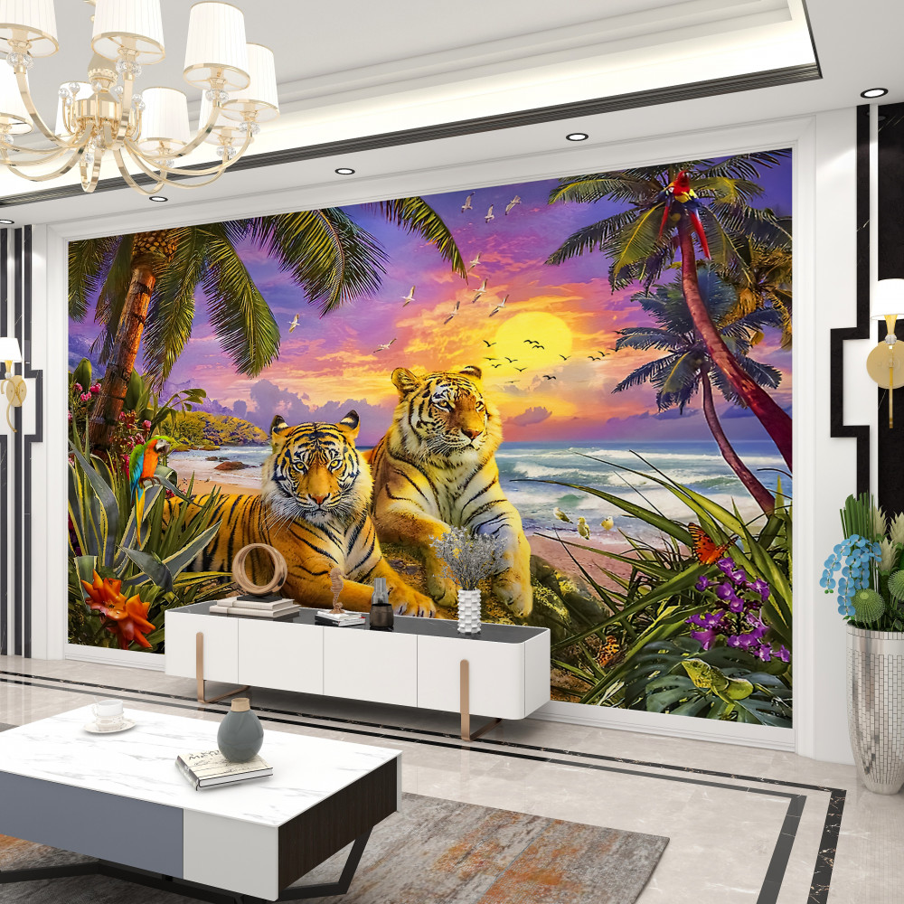 Fototapeta kilka tygrysów w tropikalnym zachodzie słońca