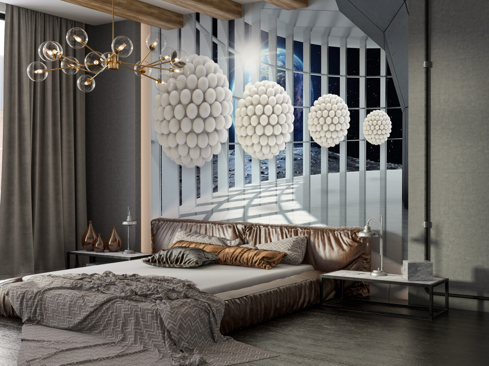 Fototapeta kule balonowe unoszące się w nocnym korytarzu