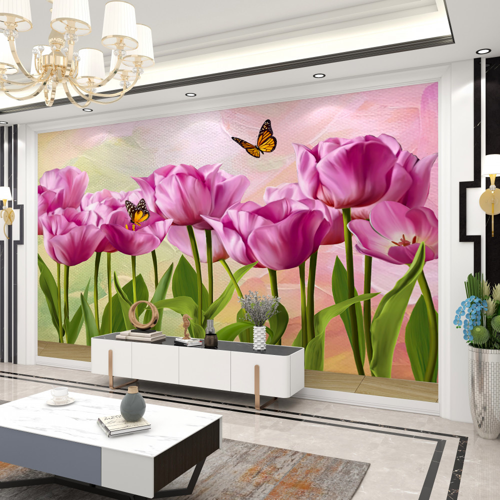 Fototapeta pole fioletowych tulipanów i motyli