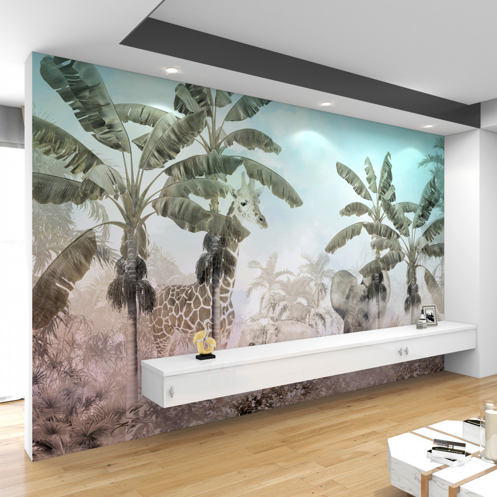 Fototapeta palmy szerokolistne i zwierzęta