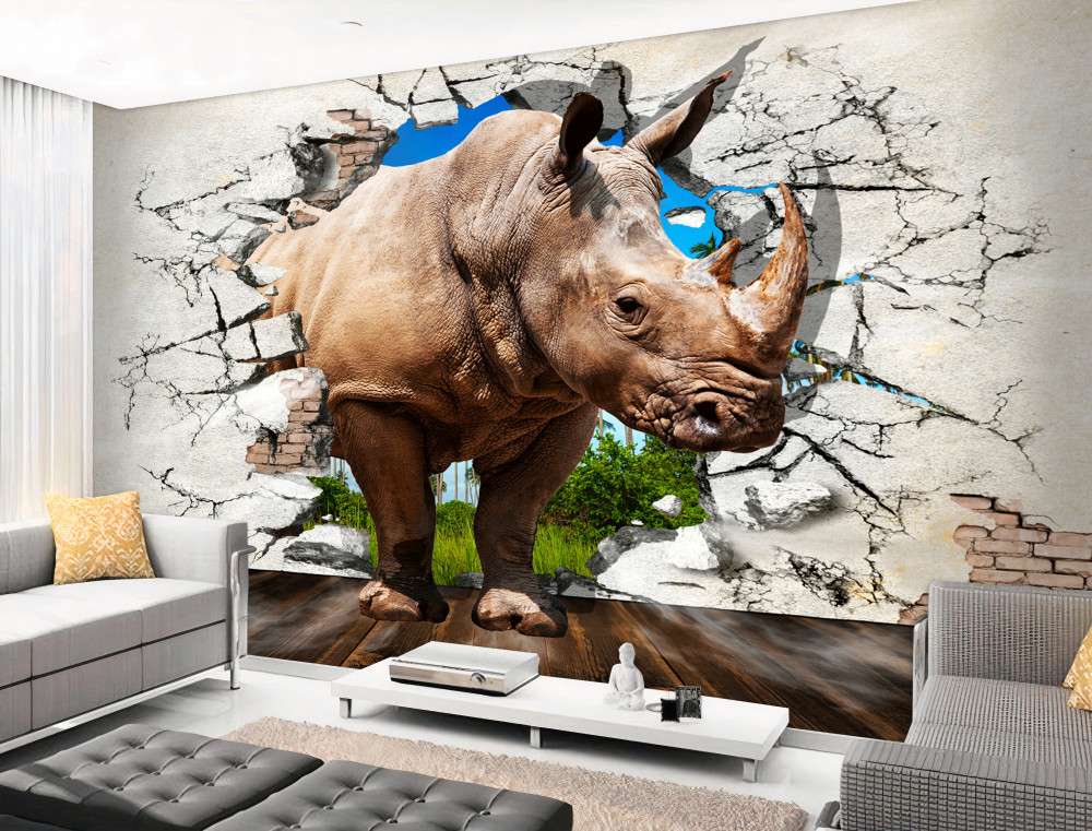 Fototapeta nosorożec rozbija ścianę