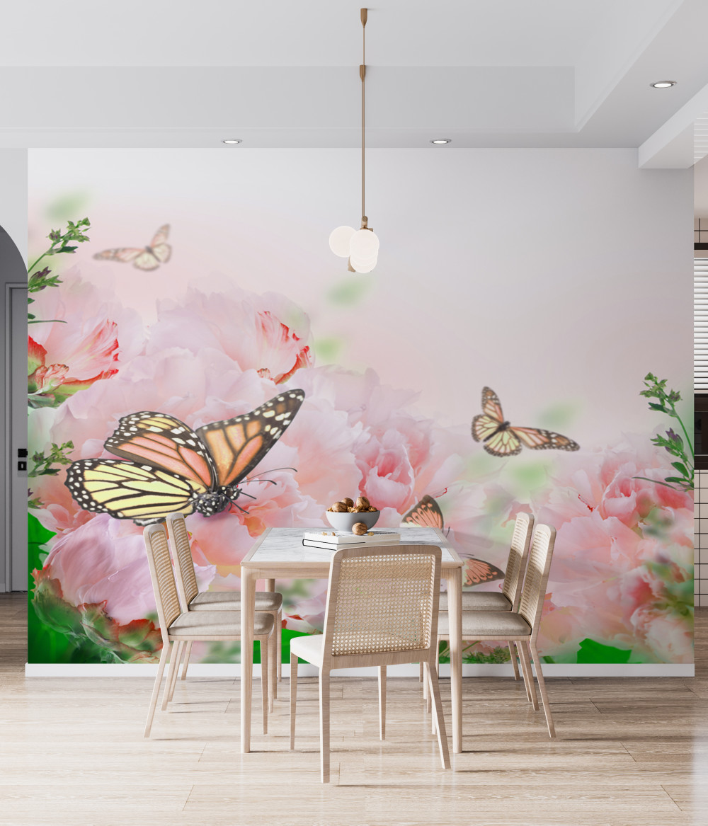 Fototapeta stado motyli na tle letnich kwiatów