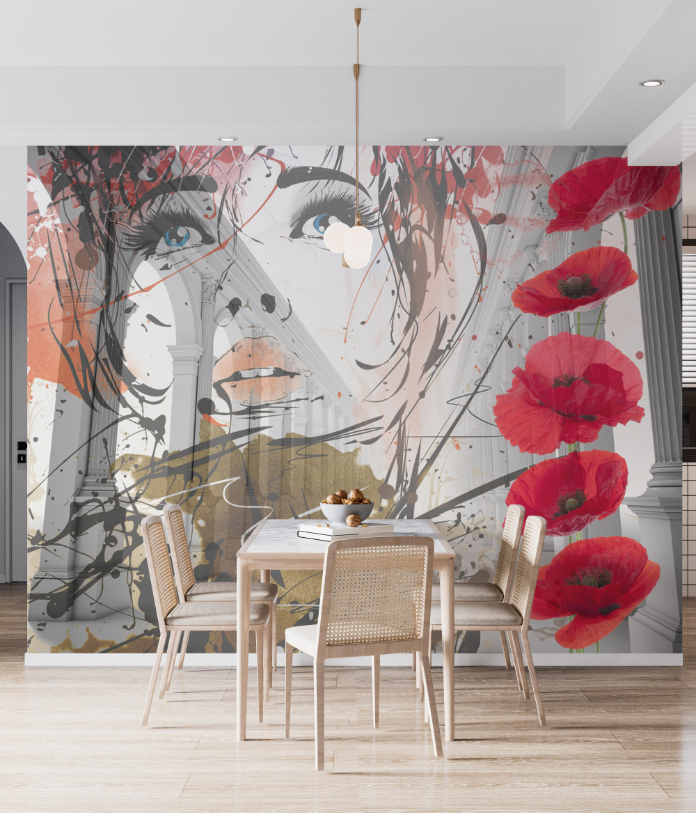 Fototapeta dziewczyna na tle łuku w kwiatach maku