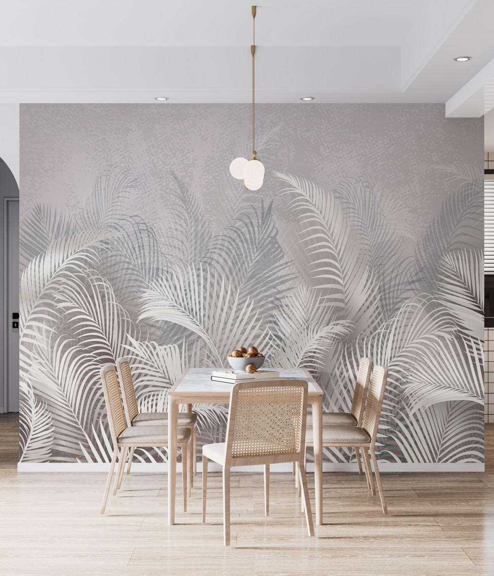 Fototapeta liście dużej palmy w lekkiej mgle