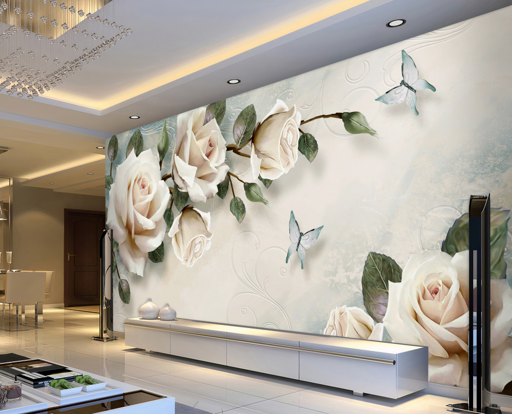 Fototapeta kremowe gałązki róż i latające motyle