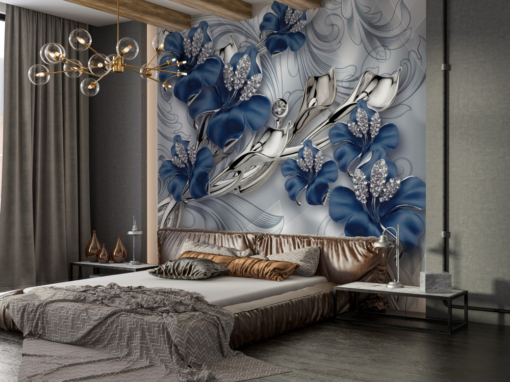 Fototapeta niebieskie kwiaty ze złotymi gałęziami i kamieniami