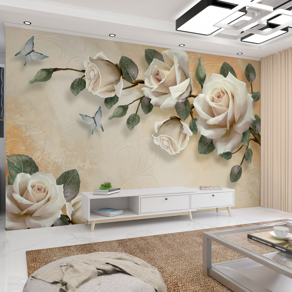 Fototapeta krzak i motyl z gałęzi białej róży